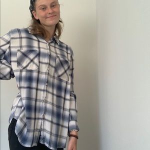 large off white and navy blue checkered button up